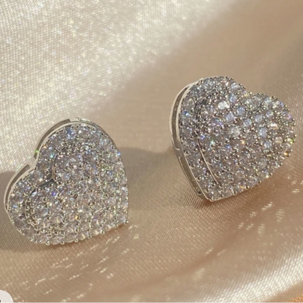 Silver Heart Cubic Zirconia Stud Earrings - Picture 4 of 4